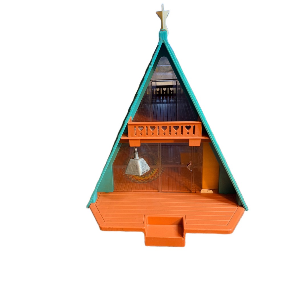 Vintage Fisher Price Play Family A-Frame 990 Teal Orange Cabin Dollhouse 1974